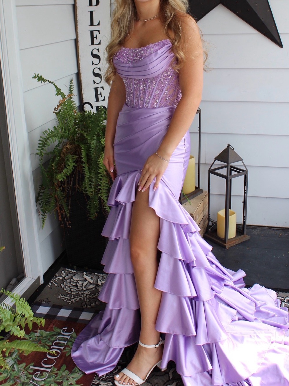 Sherri Hill Lilac Strapless Beaded Ruffle Gown